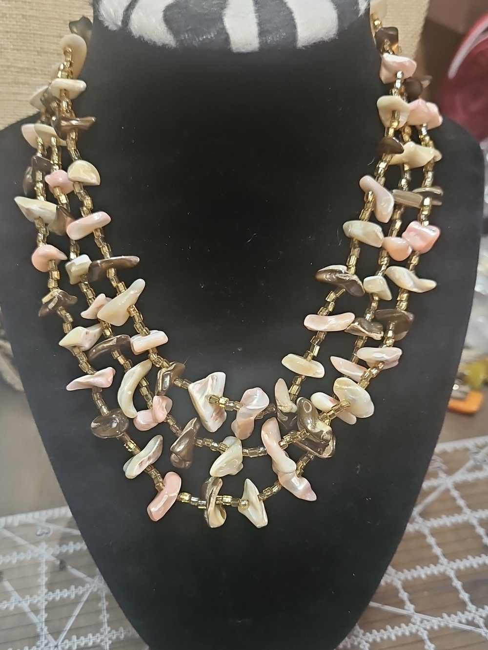 Vintage Triple Strand Mother Of Pearl Shell Chip Necklace --Japan